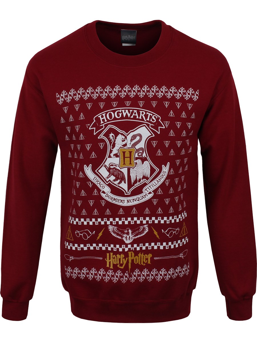 Harry Potter Hogwarts Crest Christmas Sweatshirt Men's Burgundy Sweater ...