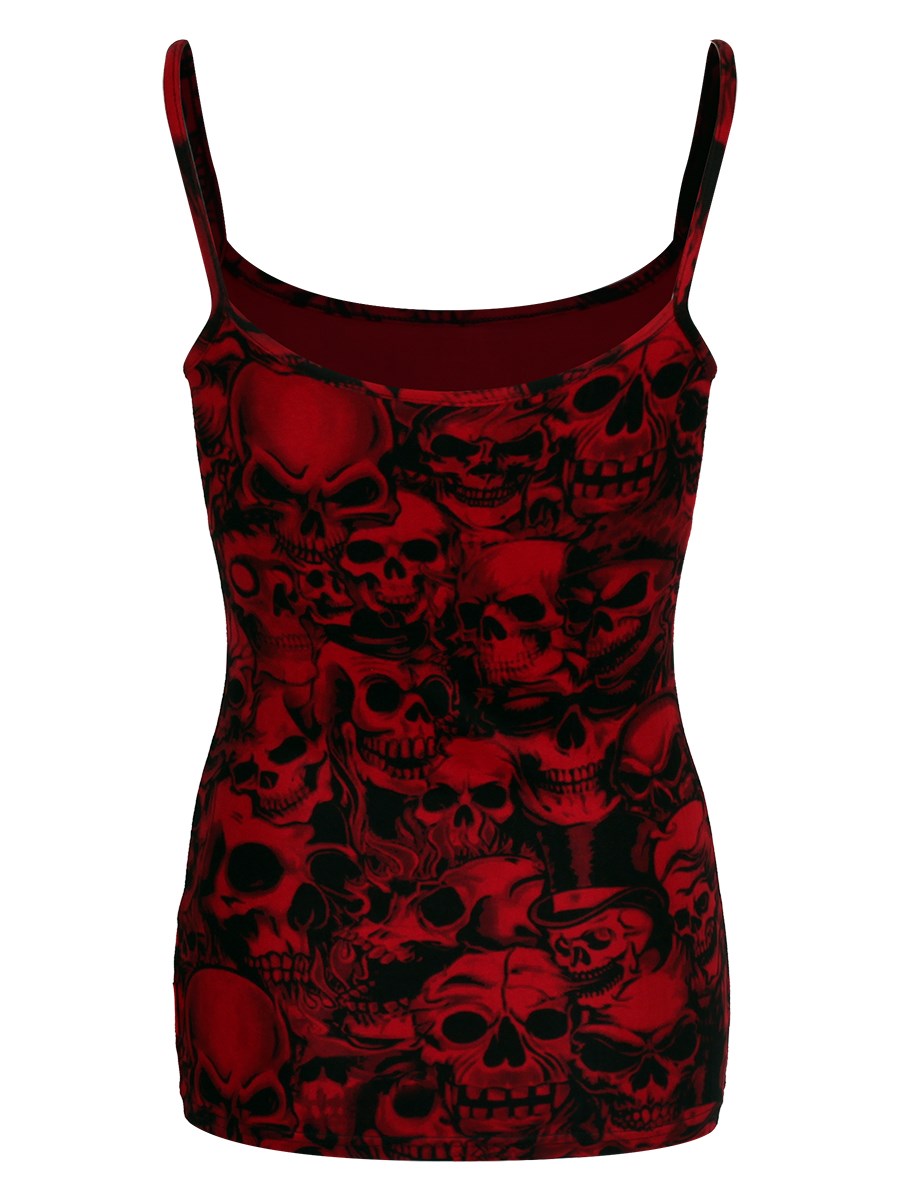 Queen Of Darkness Ladies Red Spaghetti Top With Black Skull Pattern ...