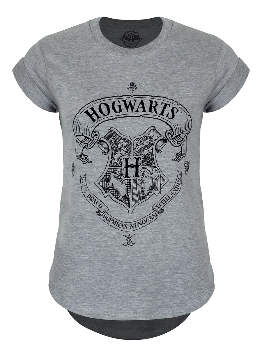 Ladies Logo Womens Harry Potter Hogwarts Crest Rolled Sleeve Grey T-Shirt 